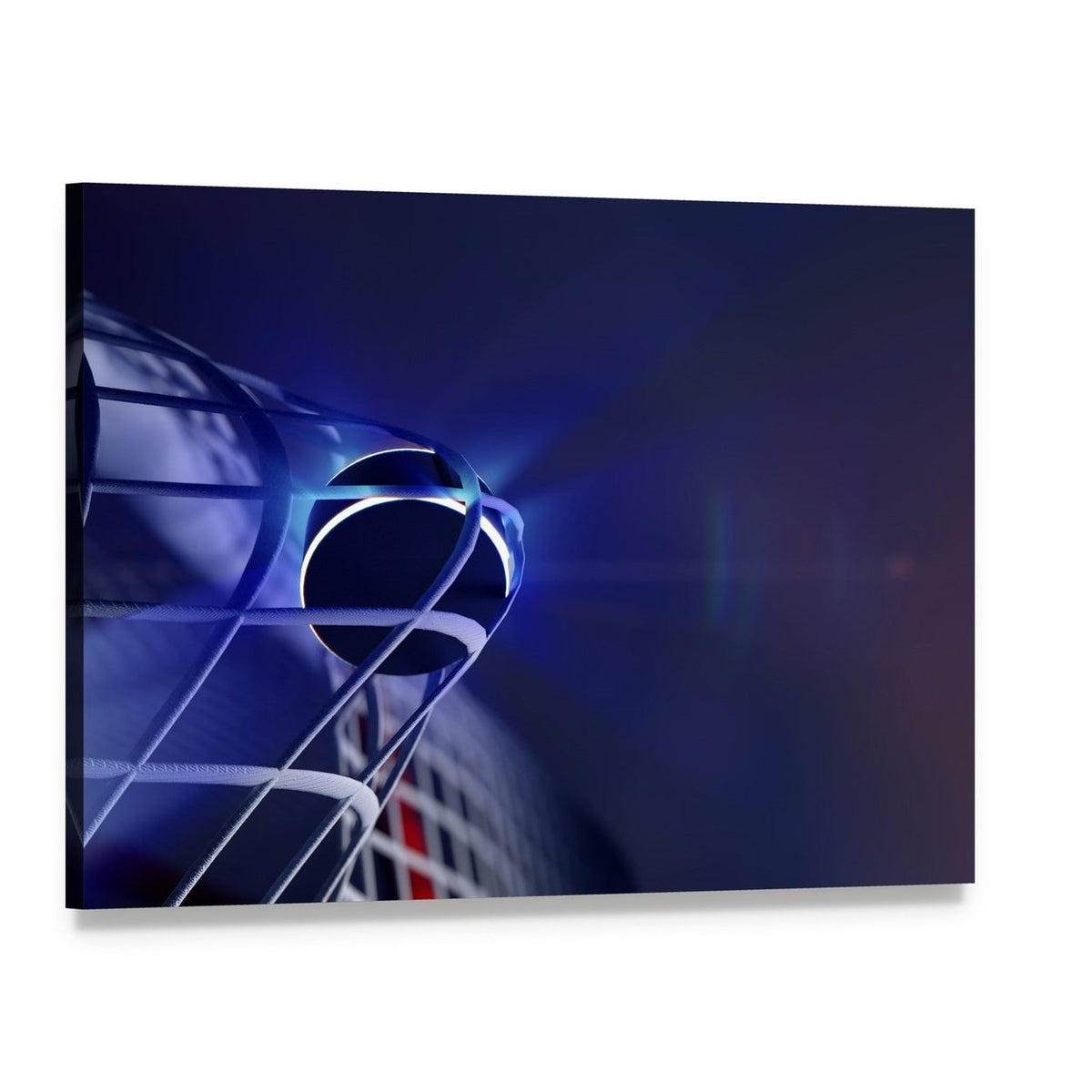 Puck in Hockey Net Canvas Wall Art, single panel gallery wrapped canvas, angled product view