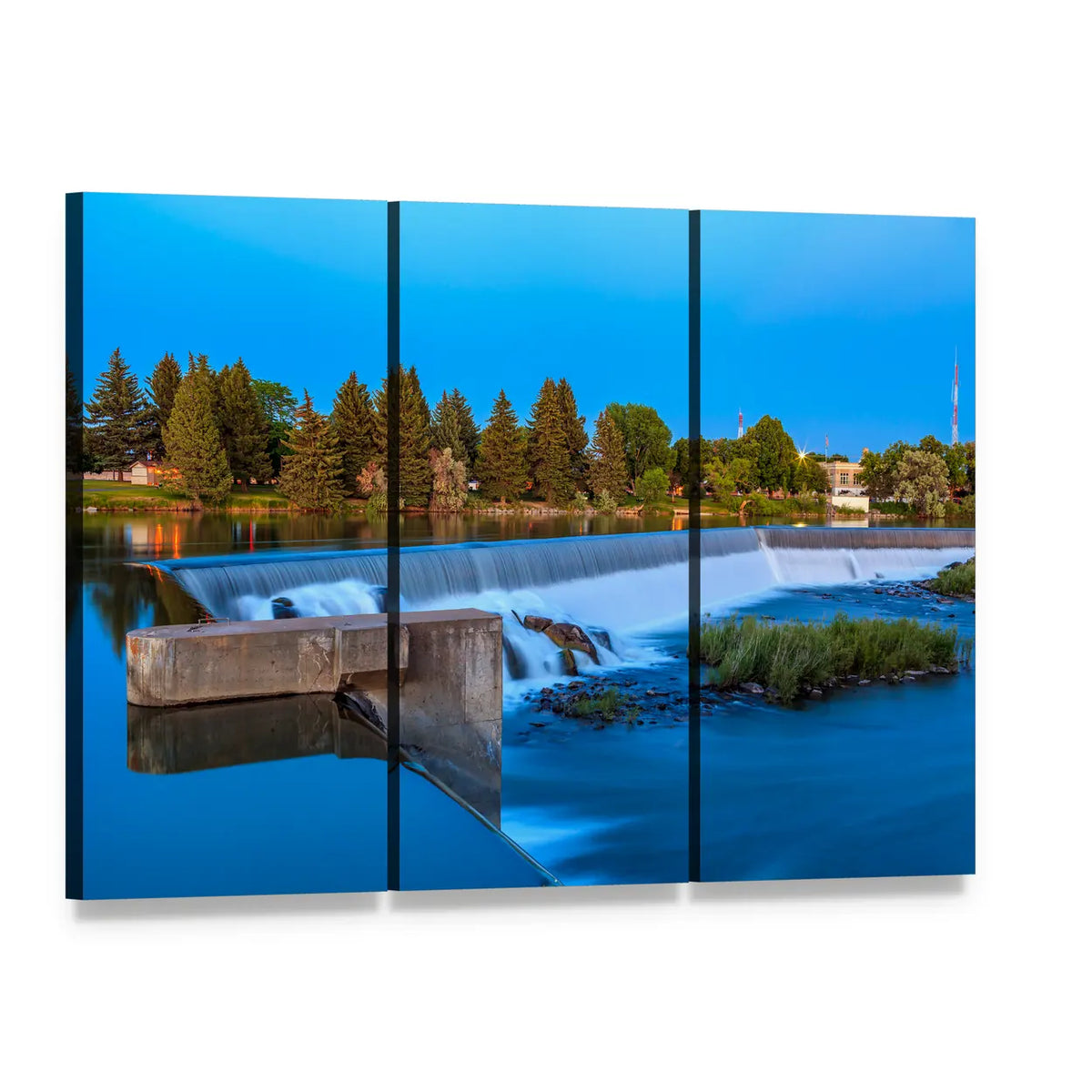 Small Waterfall on River with Trees Canvas Wall Art, 3 panel 3 Horizontal layout gallery wrapped canvas set, angled product view