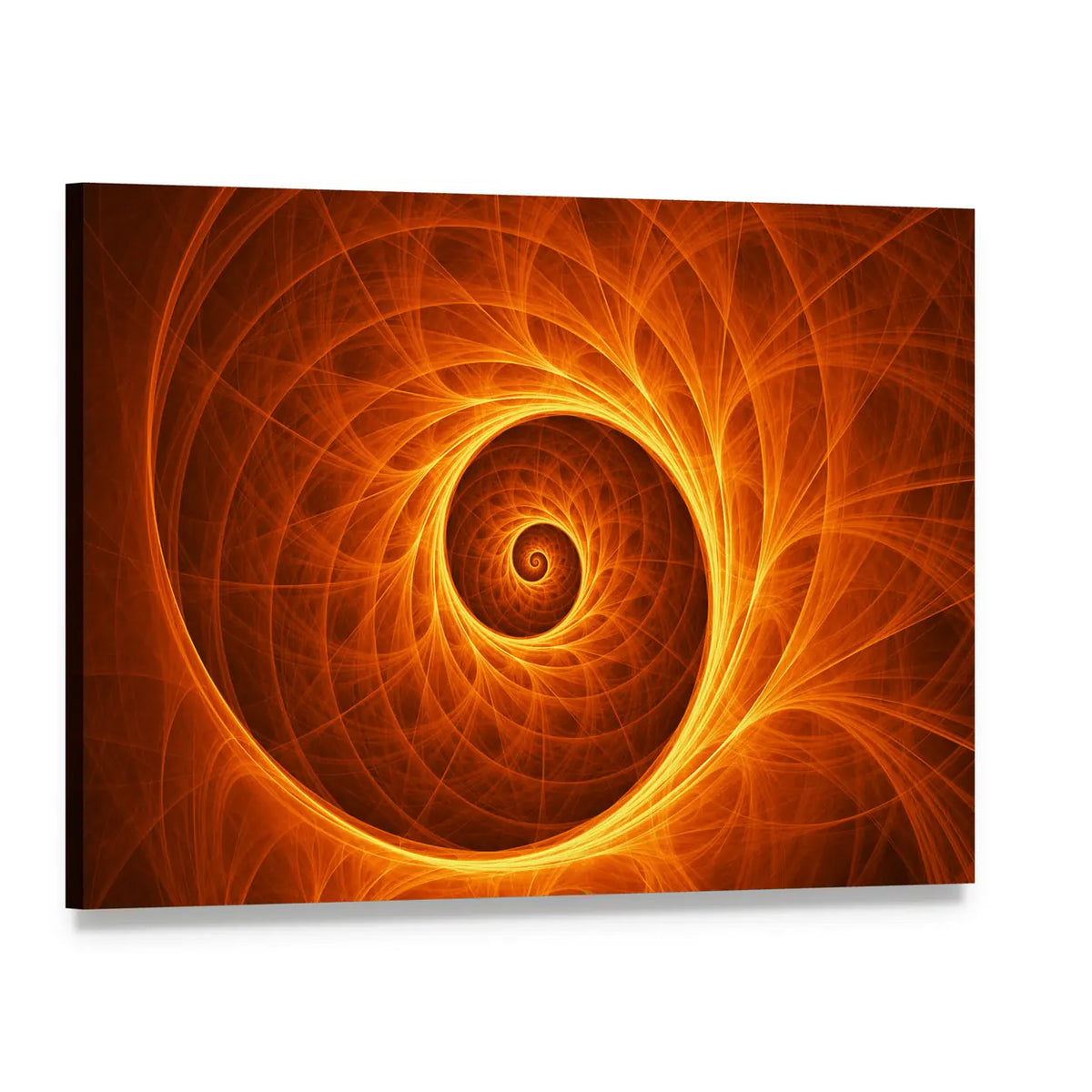 Fire Spiral Abstract Canvas Wall Art, single panel gallery wrapped canvas, angled product view