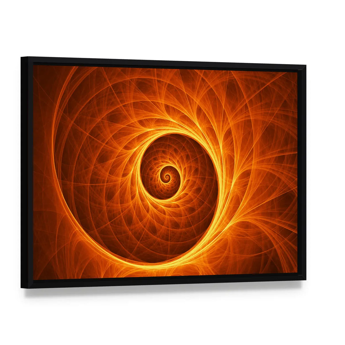 Fire Spiral Abstract Canvas Wall Art, framed canvas in a black floater frame, angled product view