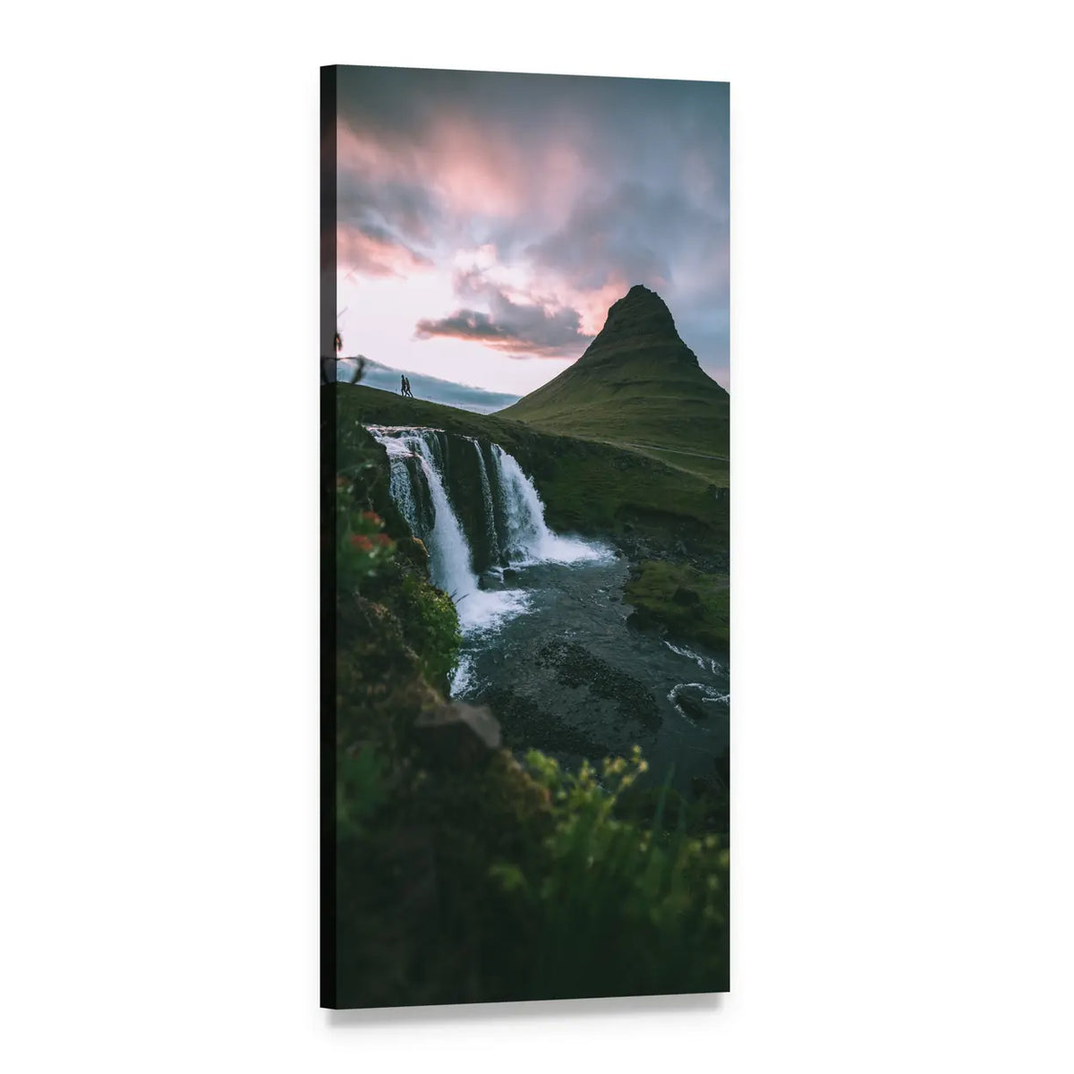Kirkjufell and Kirkjufellsfoss at Dusk Vertical Canvas Wall Art, 1 panel 1 Vertical layout gallery wrapped canvas set, angled product view