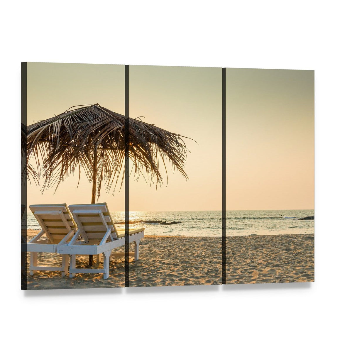 Two White Lounge Chairs with Thatched Umbrella Canvas Wall Art, 3 panel 3 Horizontal layout gallery wrapped canvas set, angled product view