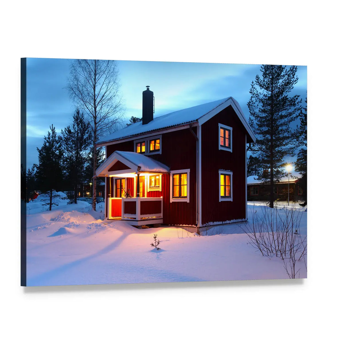 Wooden House at Winter Dusk Canvas Wall Art, single panel gallery wrapped canvas, angled product view