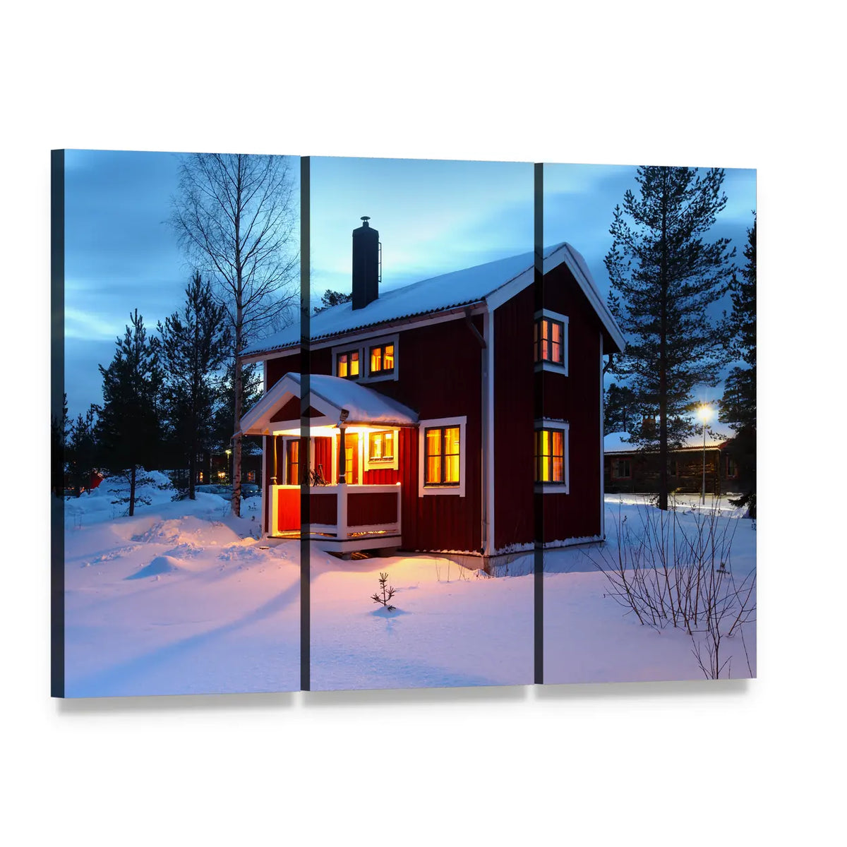 Wooden House at Winter Dusk Canvas Wall Art, 3 panel 3 Horizontal layout gallery wrapped canvas set, angled product view