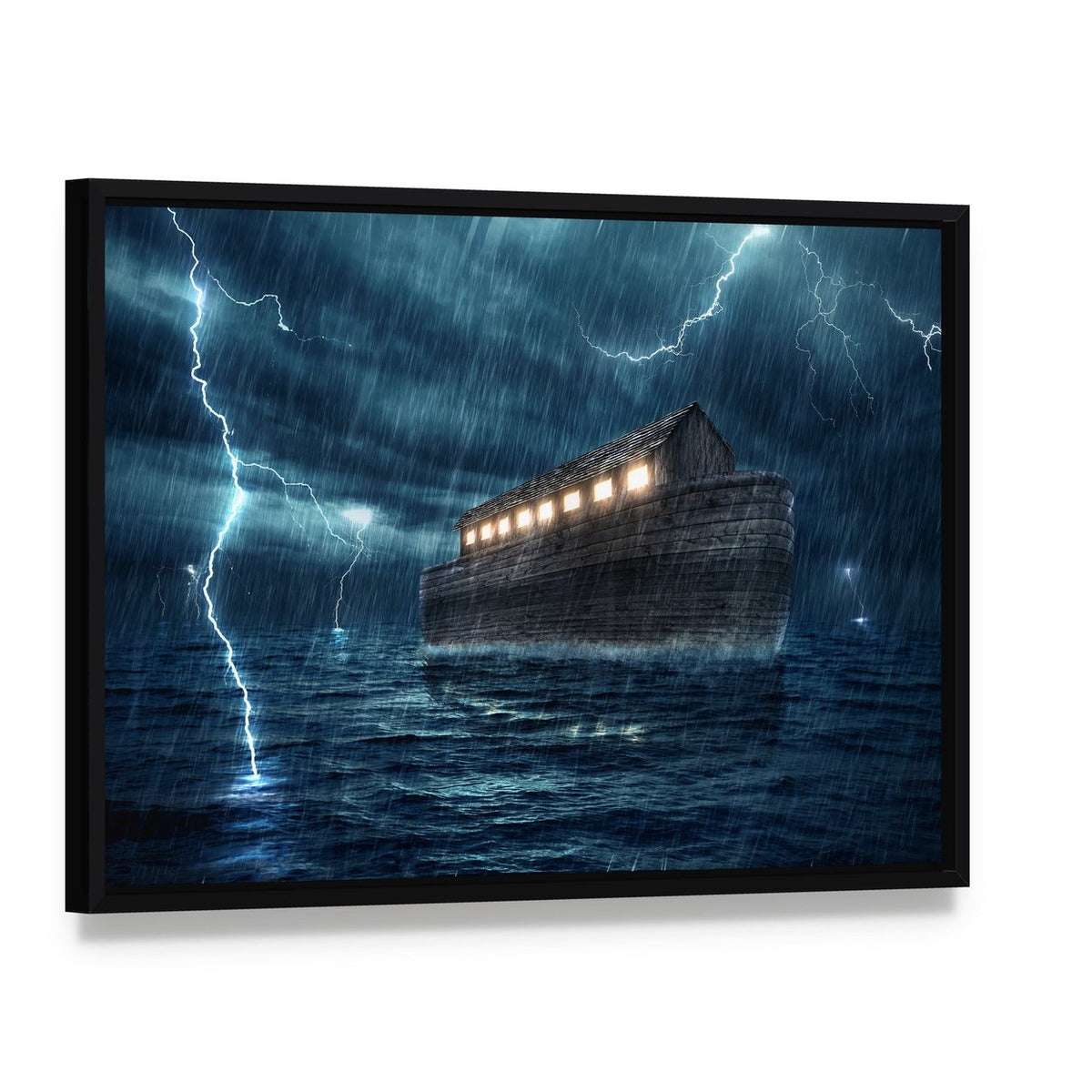 Noah's Ark in Stormy Sea Canvas Wall Art, framed canvas in a black floater frame, angled product view