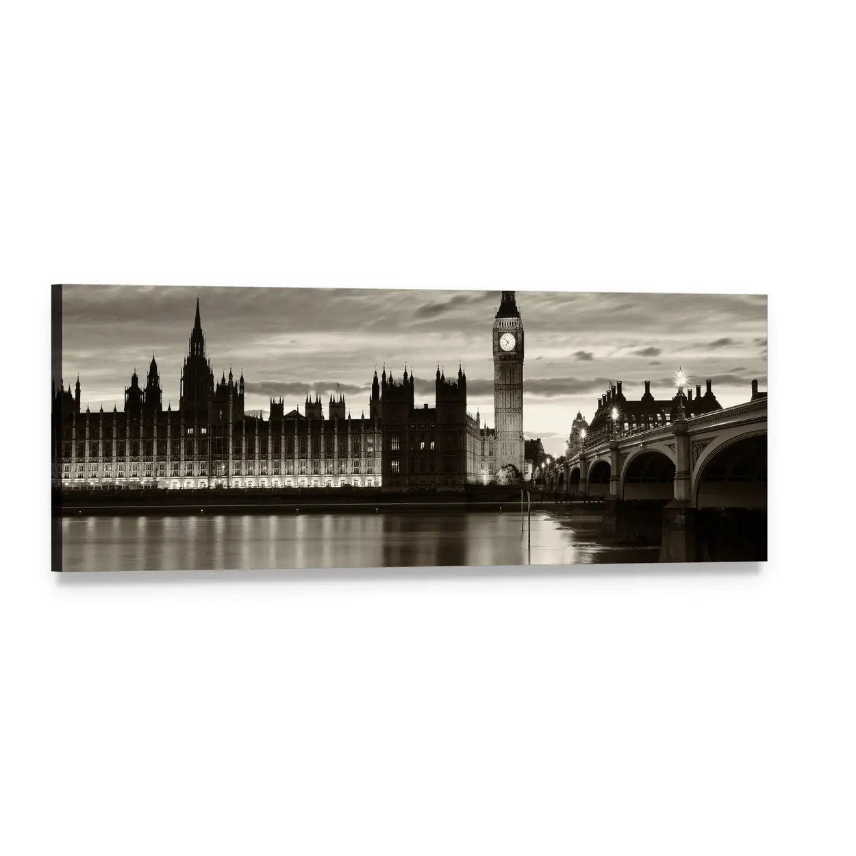 Monochrome Big Ben and Westminster Bridge Panoramic Canvas Wall Art, single panel gallery wrapped canvas, angled product view