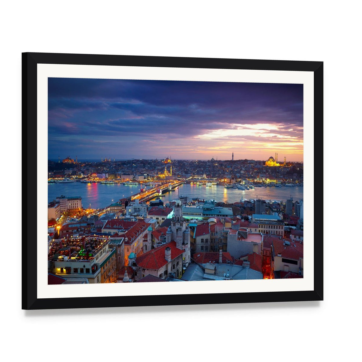 Istanbul Sunset Canvas Wall Art, framed print with white mat and black frame, angled product view