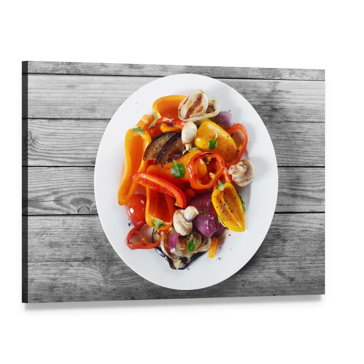 Charred Grilled Vegetables on White Plate Canvas Wall Art, single panel gallery wrapped canvas, angled product view