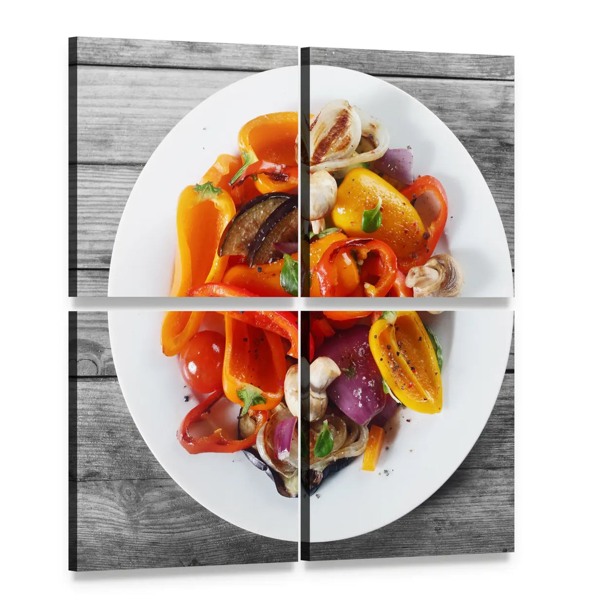 Charred Grilled Vegetables on White Plate Canvas Wall Art, 4 panel 4 Square layout gallery wrapped canvas set, angled product view