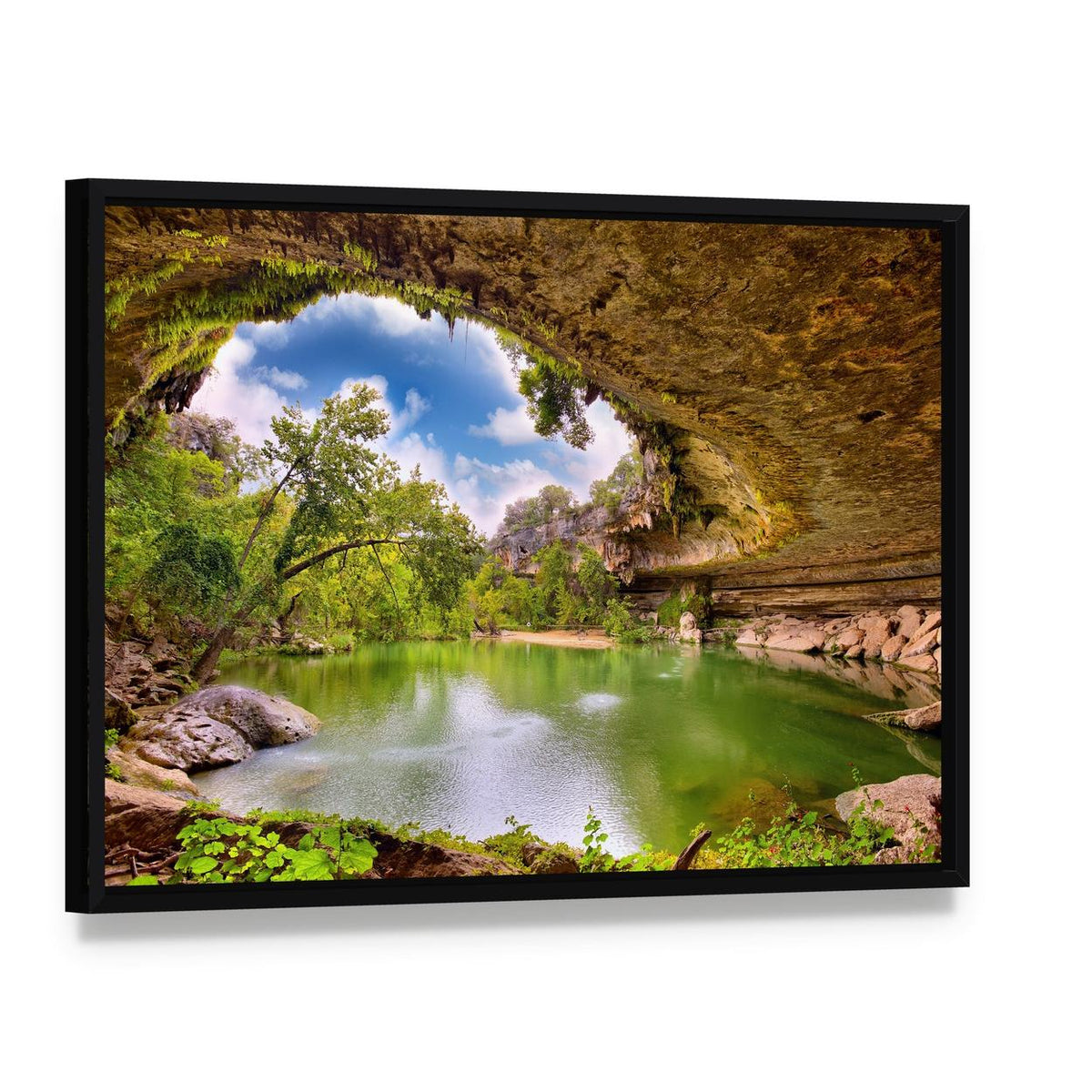 Hamilton Pool Cave Opening Canvas Wall Art, framed canvas in a black floater frame, angled product view