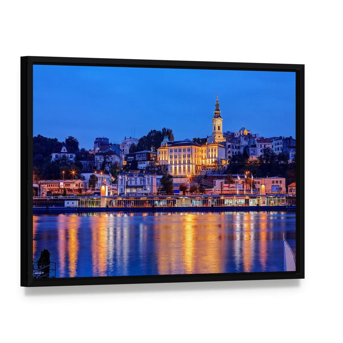 Belgrade Riverfront at Night Canvas Wall Art, framed canvas in a black floater frame, angled product view