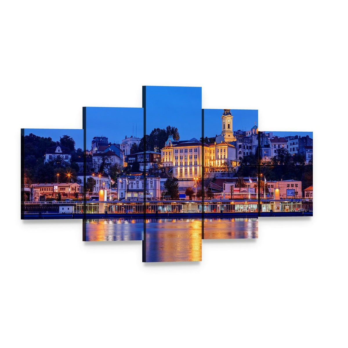 Belgrade Riverfront at Night Canvas Wall Art, 5 panel 5 Star layout gallery wrapped canvas set, angled product view