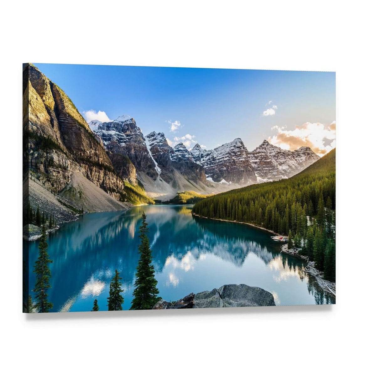 Serene Moraine Lake and Snow-capped Mountains Canvas Wall Art, single panel gallery wrapped canvas, angled product view