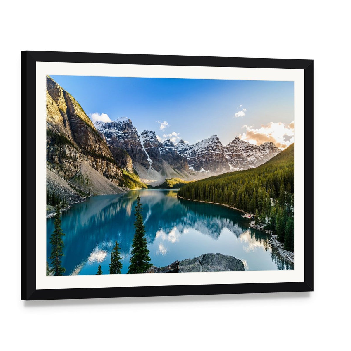 Serene Moraine Lake and Snow-capped Mountains Canvas Wall Art, framed print with white mat and black frame, angled product view