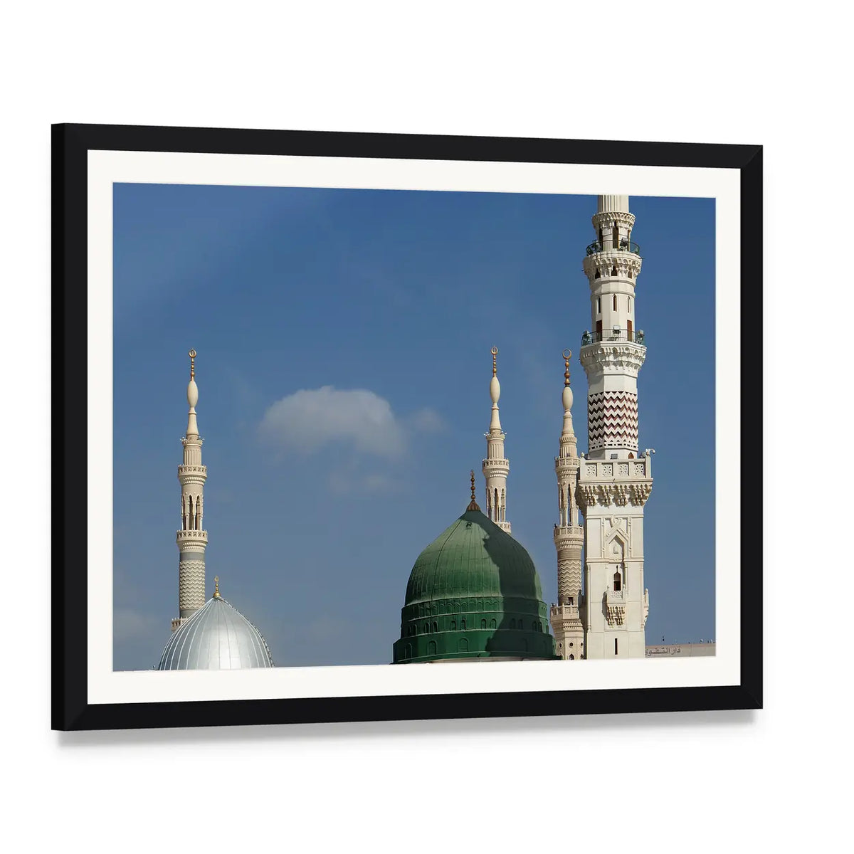 Masjid E Nabawi Canvas Wall Art, framed print with white mat and black frame, angled product view