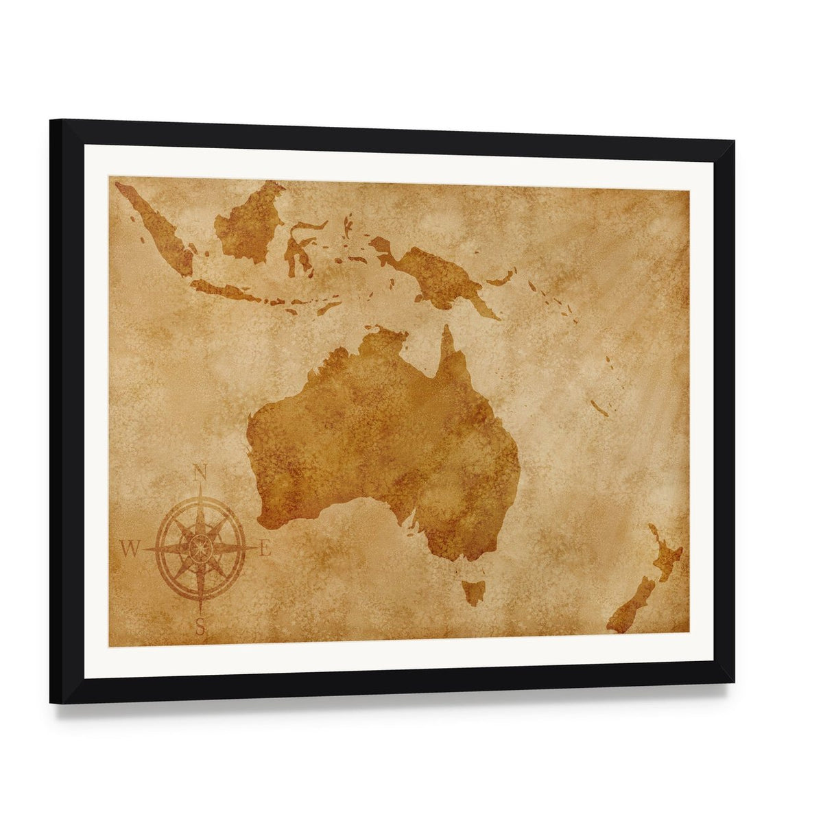 Vintage Grunge Australia Map Canvas Wall Art, framed print with white mat and black frame, angled product view
