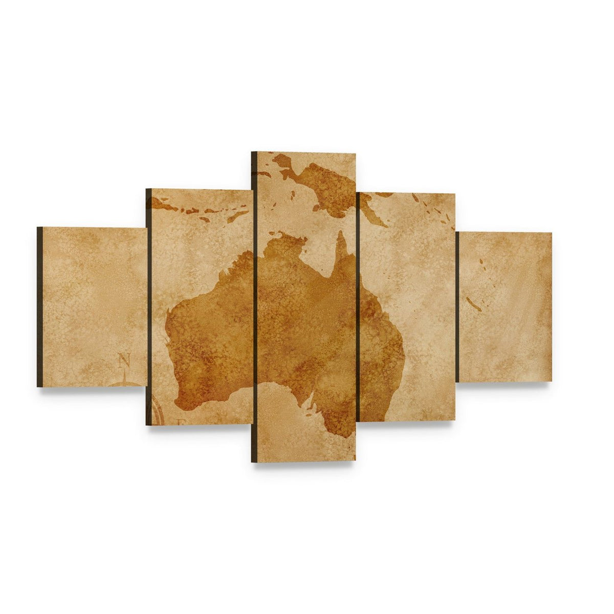 Vintage Grunge Australia Map Canvas Wall Art, 5 panel 5 Star layout gallery wrapped canvas set, angled product view