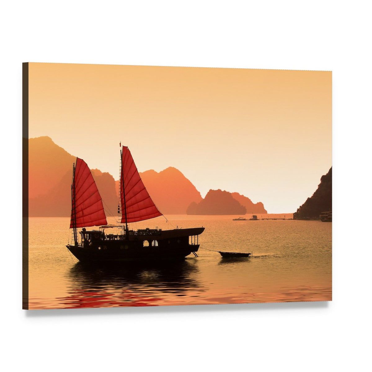 Red-sailed Junk Boat at Sunset Canvas Wall Art, single panel gallery wrapped canvas, angled product view