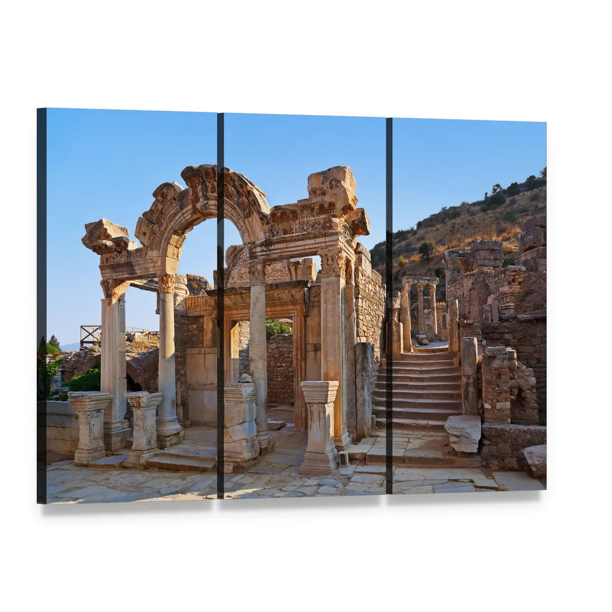 Ancient Ruins with Archway and Columns Canvas Wall Art, 3 panel 3 Horizontal layout gallery wrapped canvas set, angled product view