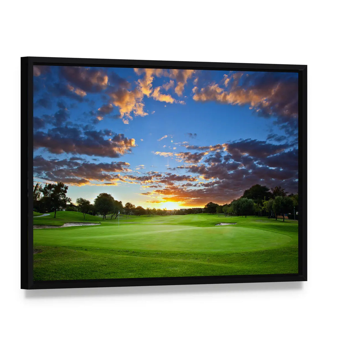 Golf Course at Sunset Canvas Wall Art, framed canvas in a black floater frame, angled product view