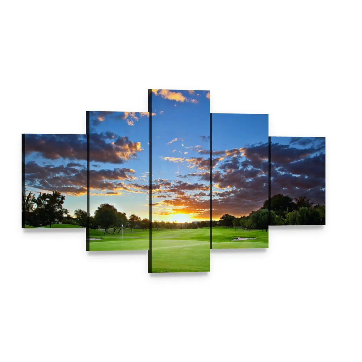 Golf Course at Sunset Canvas Wall Art, 5 panel 5 Star layout gallery wrapped canvas set, angled product view