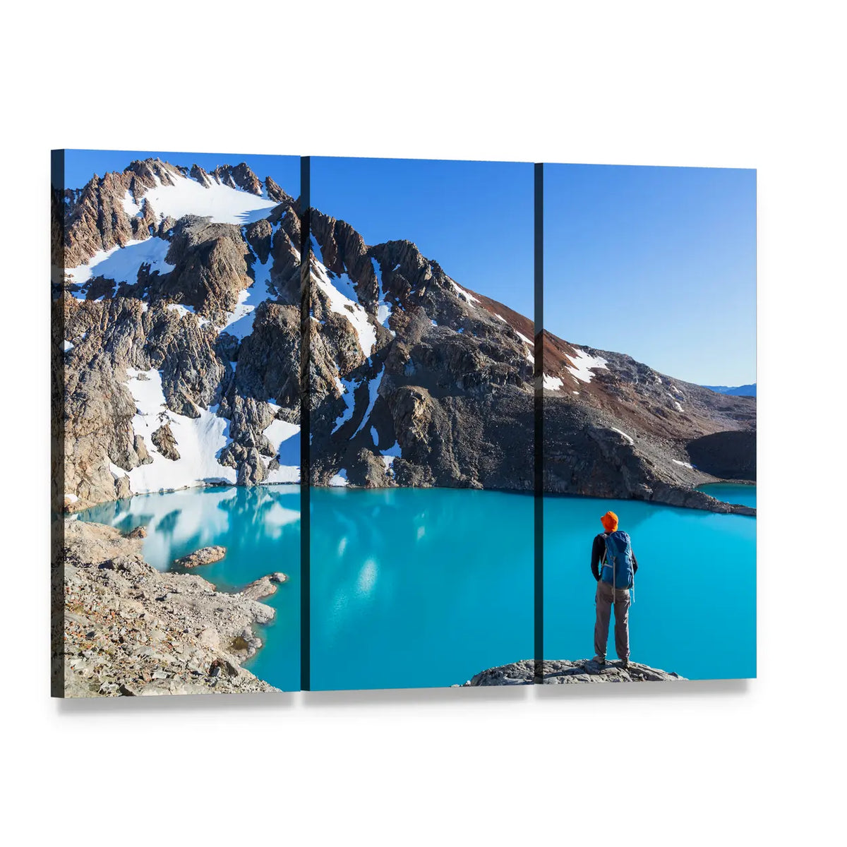 Hiker Over Blue Lake in Patagonia Canvas Wall Art, 3 panel 3 Horizontal layout gallery wrapped canvas set, angled product view