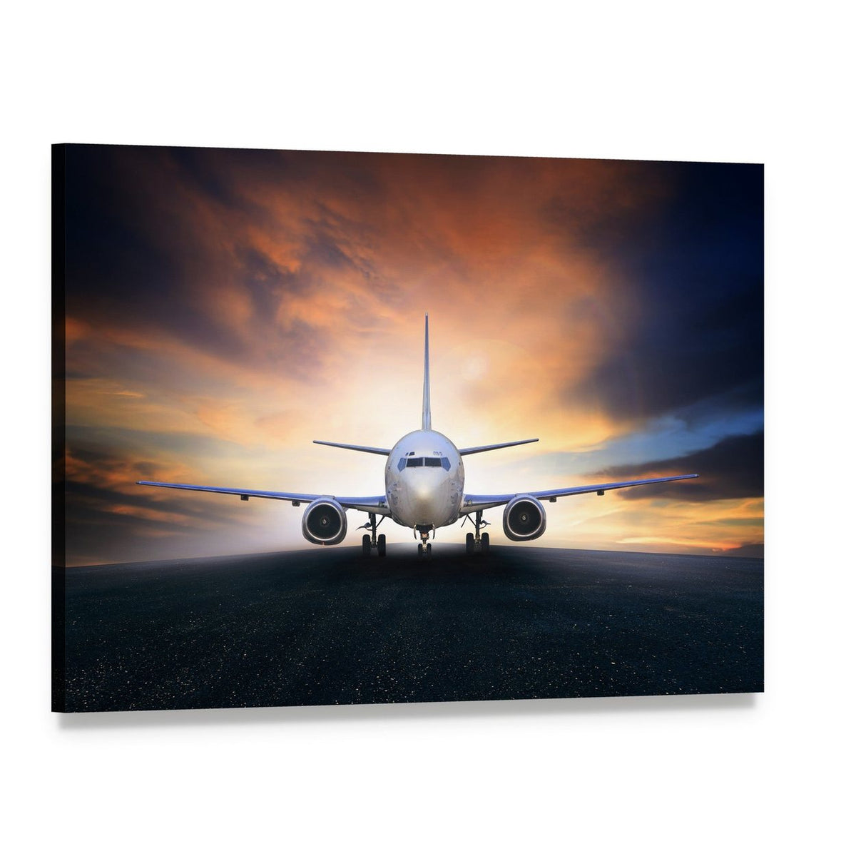 Airplane on Runway Canvas Wall Art, single panel gallery wrapped canvas, angled product view