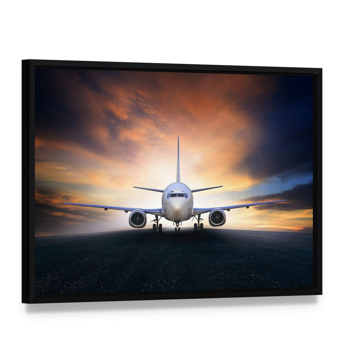 Airplane on Runway Canvas Wall Art, framed canvas in a black floater frame, angled product view