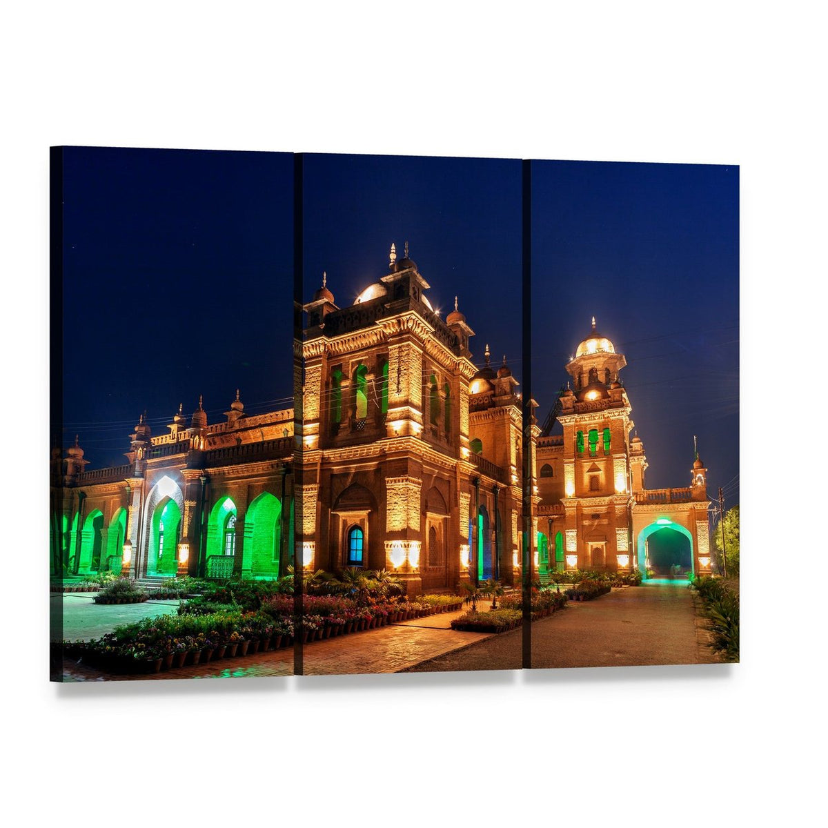 Islamia College Peshawar at Night Canvas Wall Art, 3 panel 3 Horizontal layout gallery wrapped canvas set, angled product view