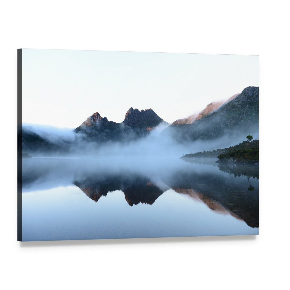 Dove Lake Mist and Mountain Reflection Canvas Wall Art, single panel gallery wrapped canvas, angled product view