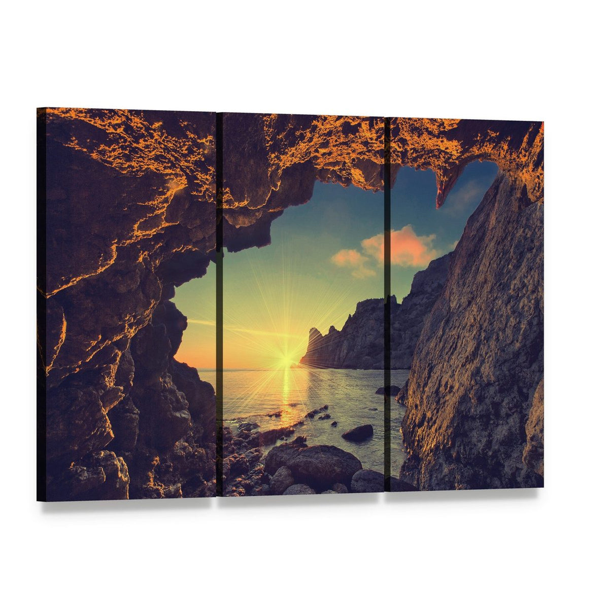 Sunset Over the Sea from Mountain Cave Canvas Wall Art, 3 panel 3 Horizontal layout gallery wrapped canvas set, angled product view