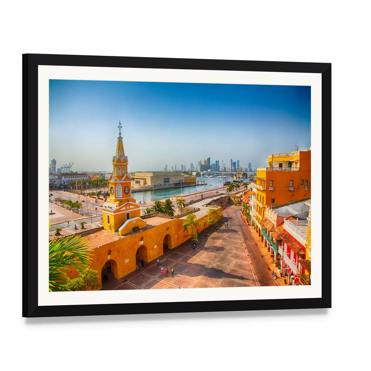 Clock Tower Gate, Colombia Canvas Wall Art, framed print with white mat and black frame, angled product view