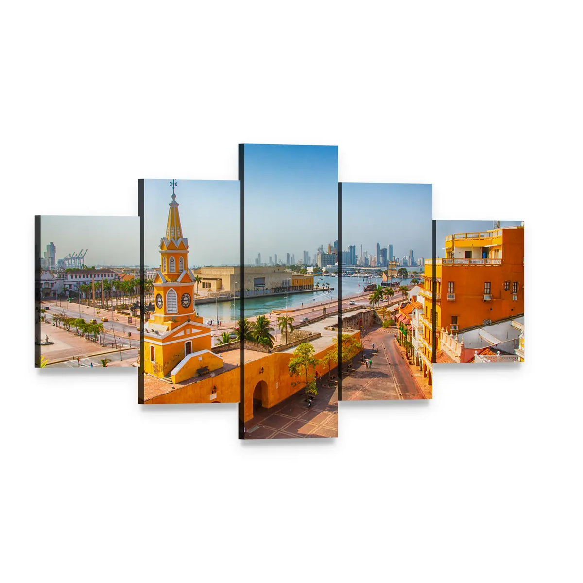 Clock Tower Gate, Colombia Canvas Wall Art, 5 panel 5 Star layout gallery wrapped canvas set, angled product view