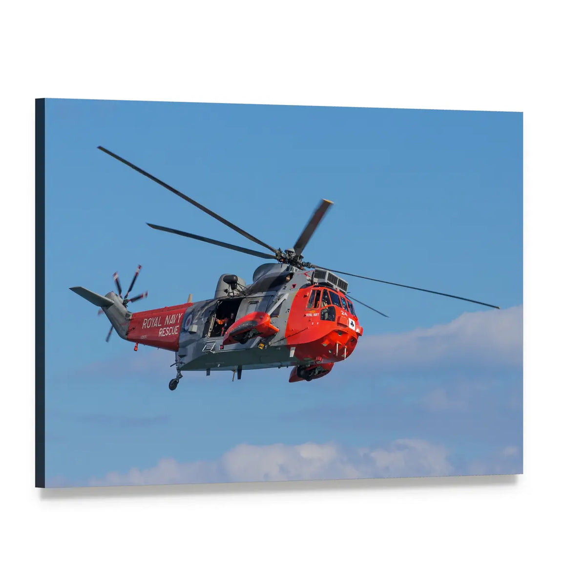 Royal Navy Sea King Search and Rescue Helicopter Canvas Wall Art, single panel gallery wrapped canvas, angled product view