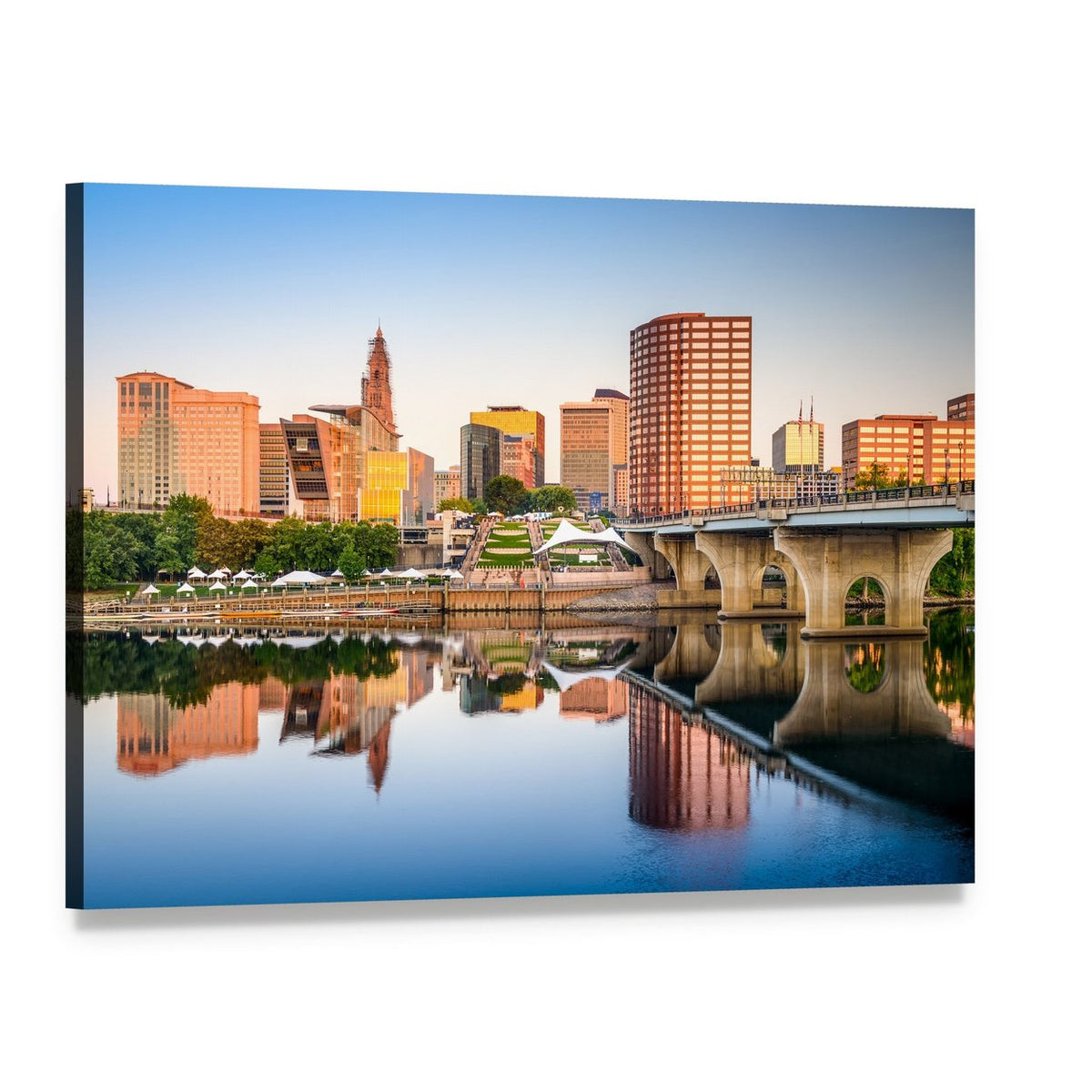 Hartford City Skyline at Sunset Canvas Wall Art, single panel gallery wrapped canvas, angled product view