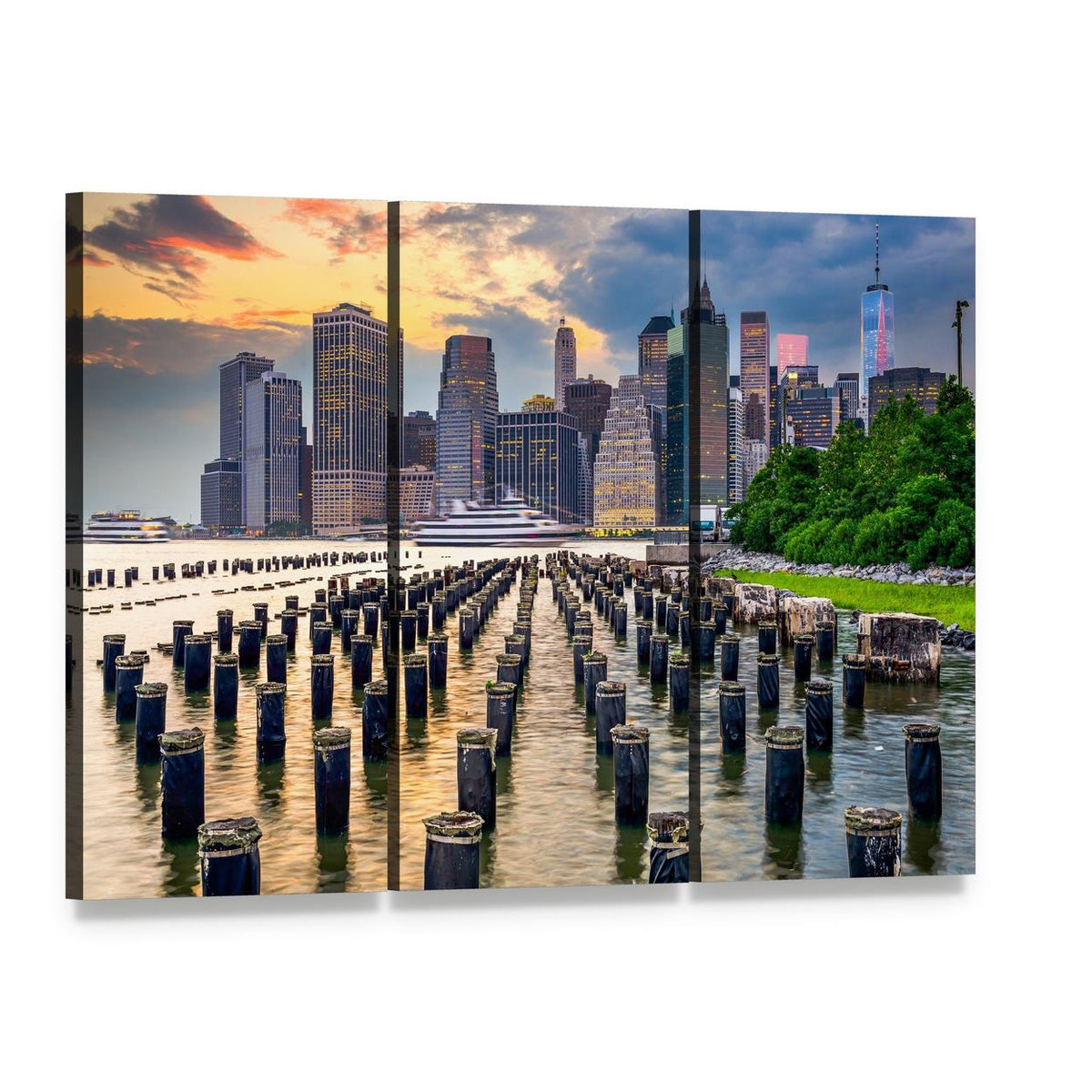 Ny Skyline on East River Canvas Wall Art, 3 panel 3 Horizontal layout gallery wrapped canvas set, angled product view