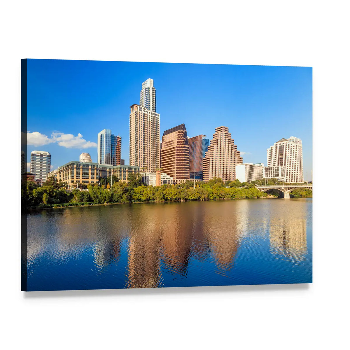 Austin Texas Downtown Skyline Canvas Wall Art, single panel gallery wrapped canvas, angled product view