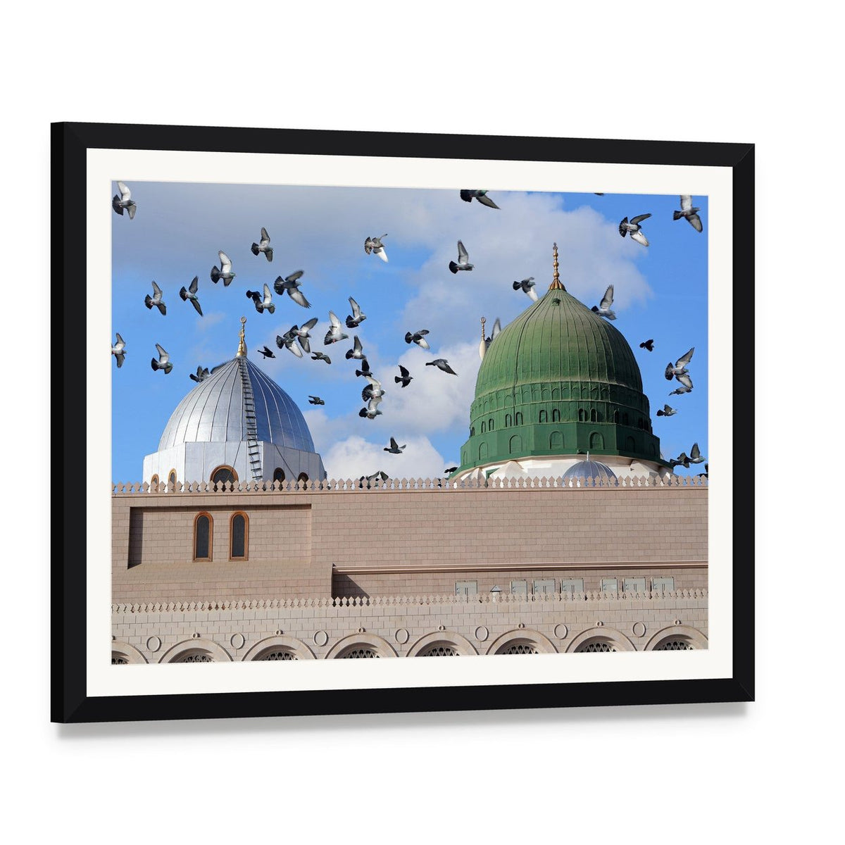 Prophet Muhammed Holy Mosque Domes Canvas Wall Art, framed print with white mat and black frame, angled product view