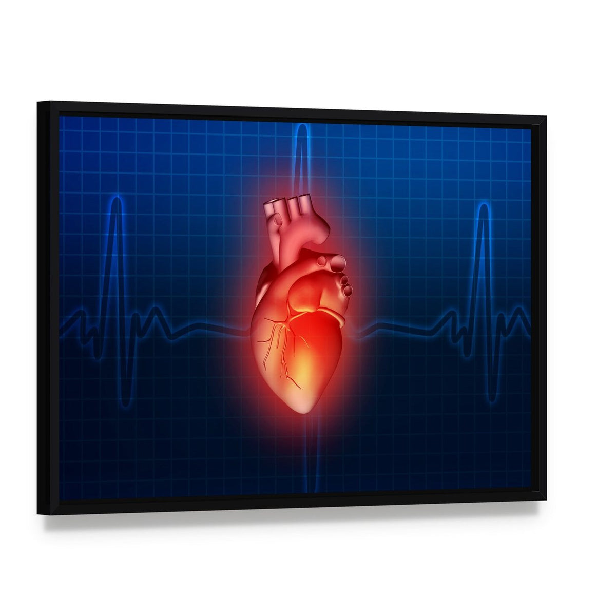 Glowing Anatomical Heart with Ecg Overlay Canvas Wall Art, framed canvas in a black floater frame, angled product view