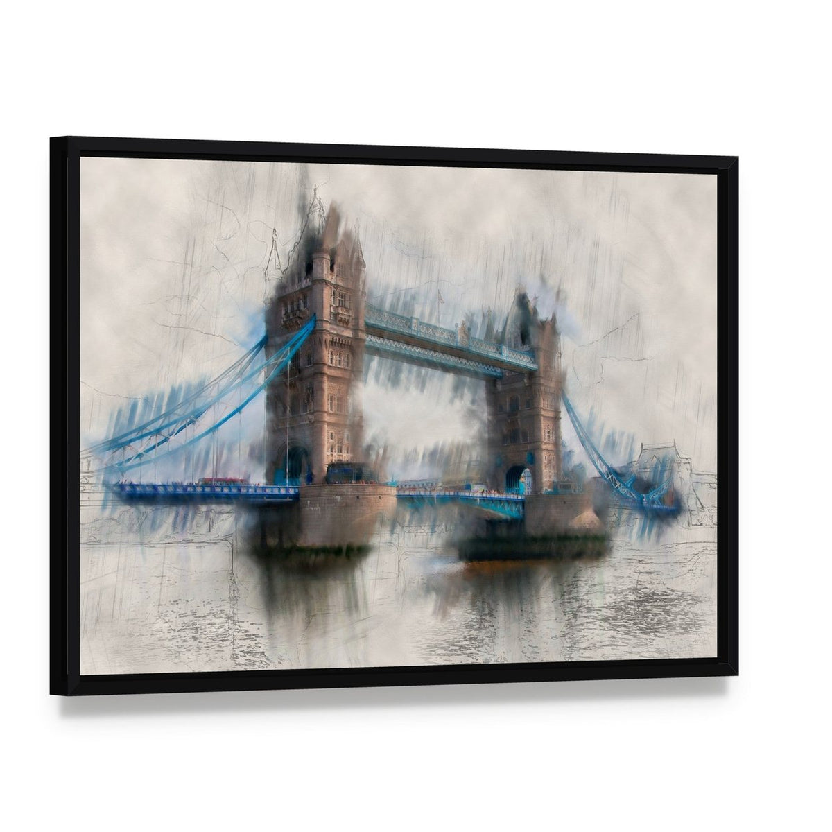 Artistic London Tower Bridge Canvas Wall Art, framed canvas in a black floater frame, angled product view