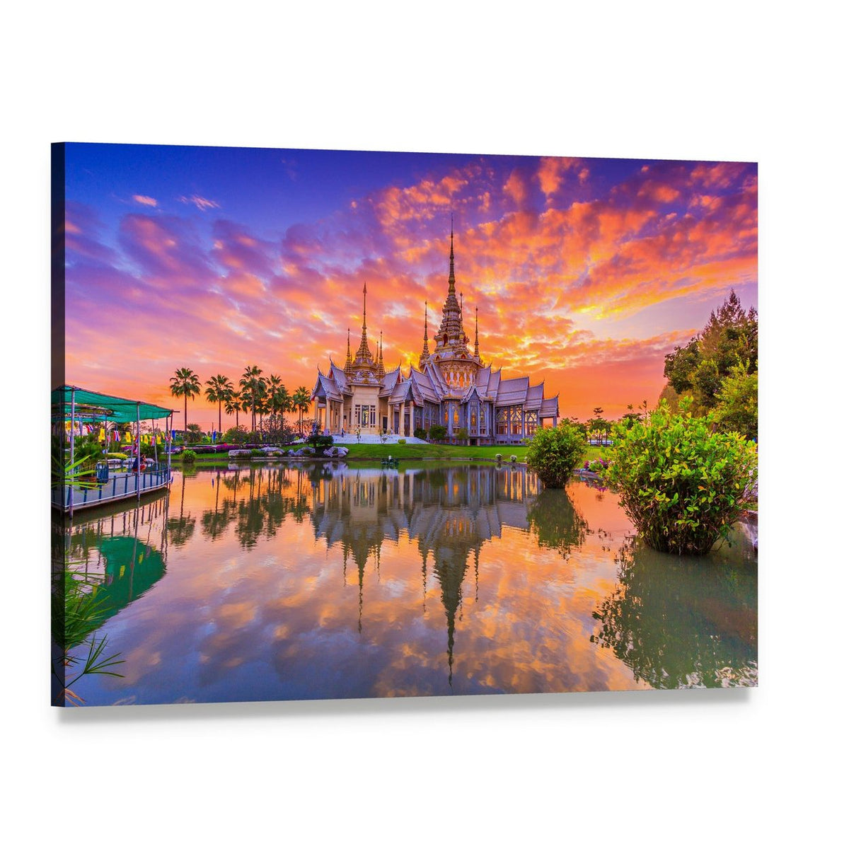 Sunset at Wat Thai Temple Canvas Wall Art, single panel gallery wrapped canvas, angled product view