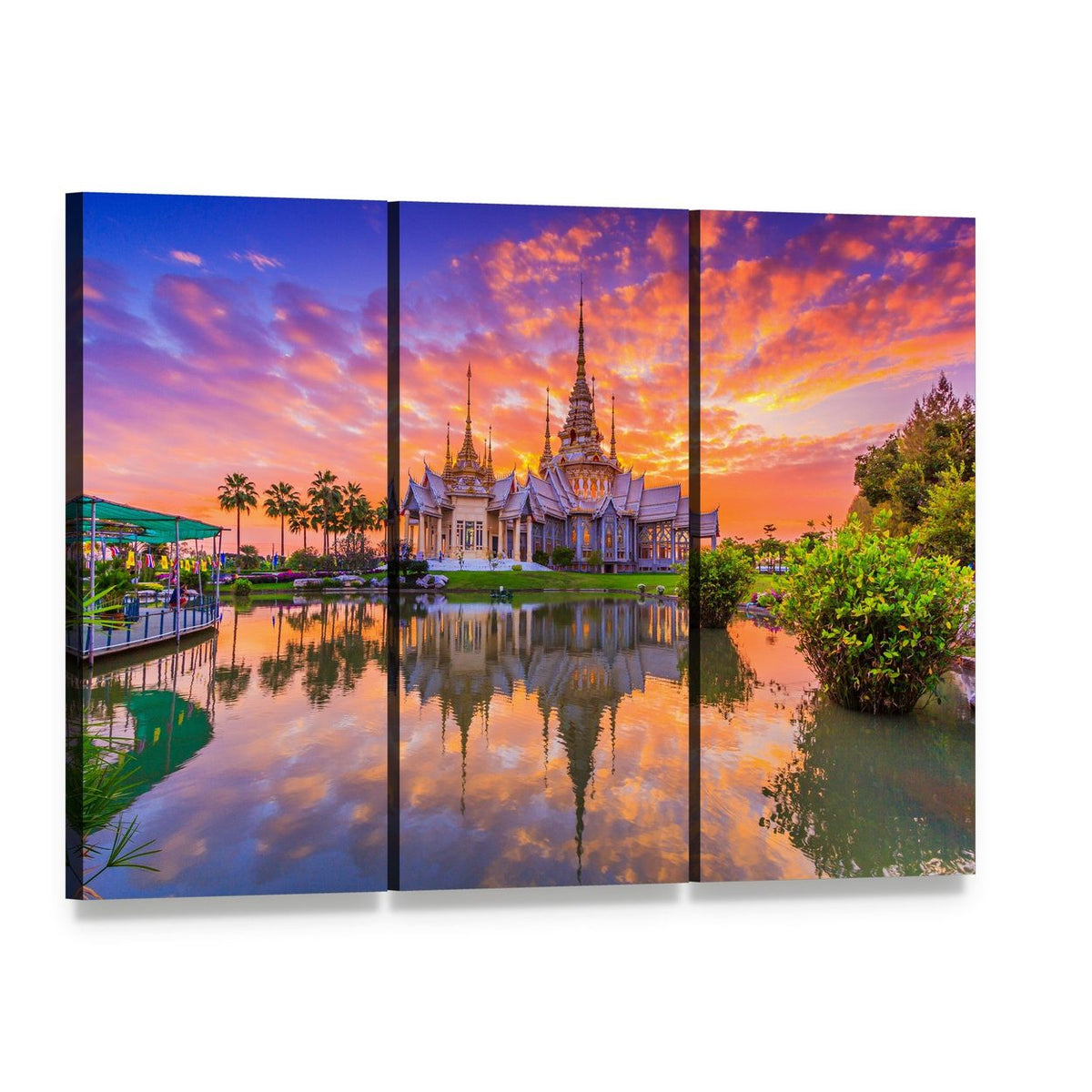 Sunset at Wat Thai Temple Canvas Wall Art, 3 panel 3 Horizontal layout gallery wrapped canvas set, angled product view