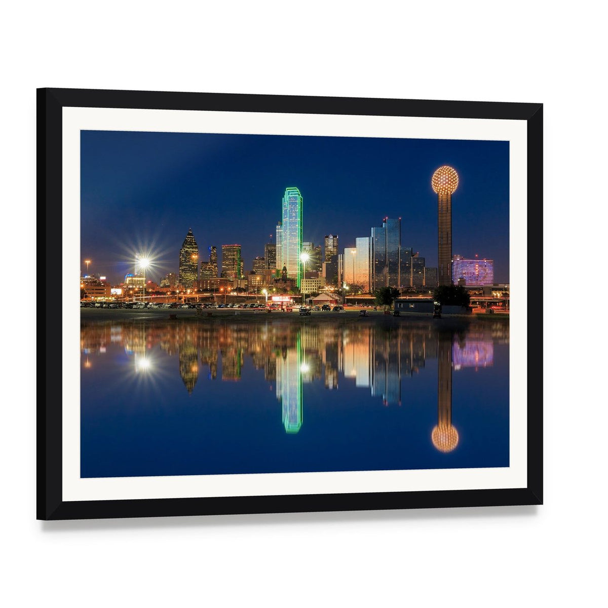 Dallas Skyline with Reunion Tower at Night Canvas Wall Art, framed print with white mat and black frame, angled product view