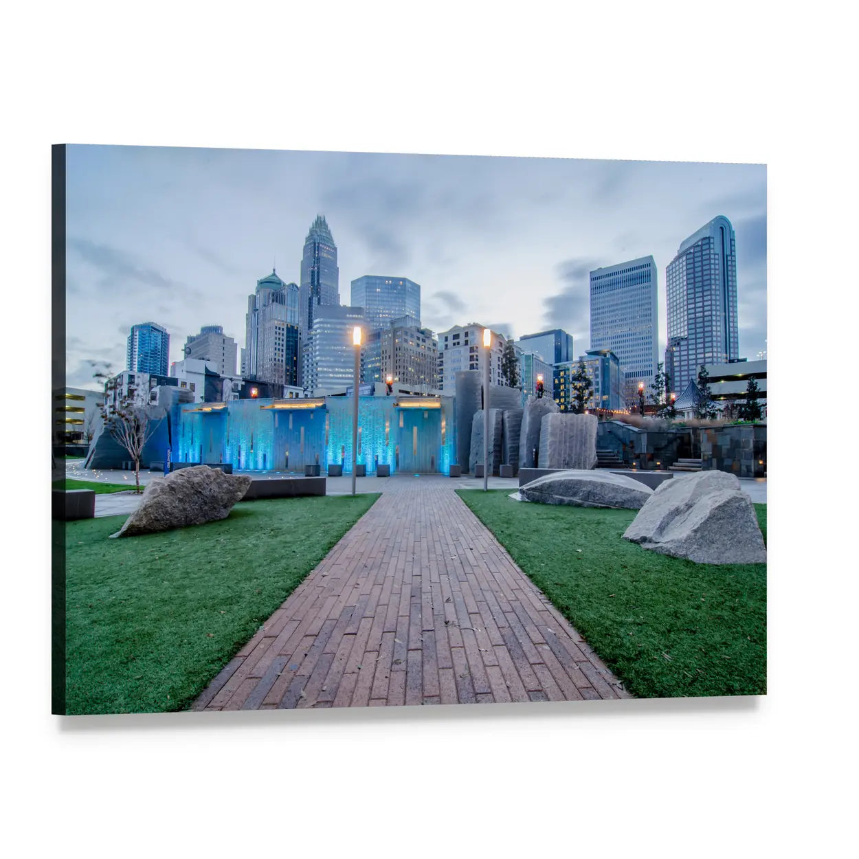 Early Morning Over Charlotte Canvas Wall Art, single panel gallery wrapped canvas, angled product view