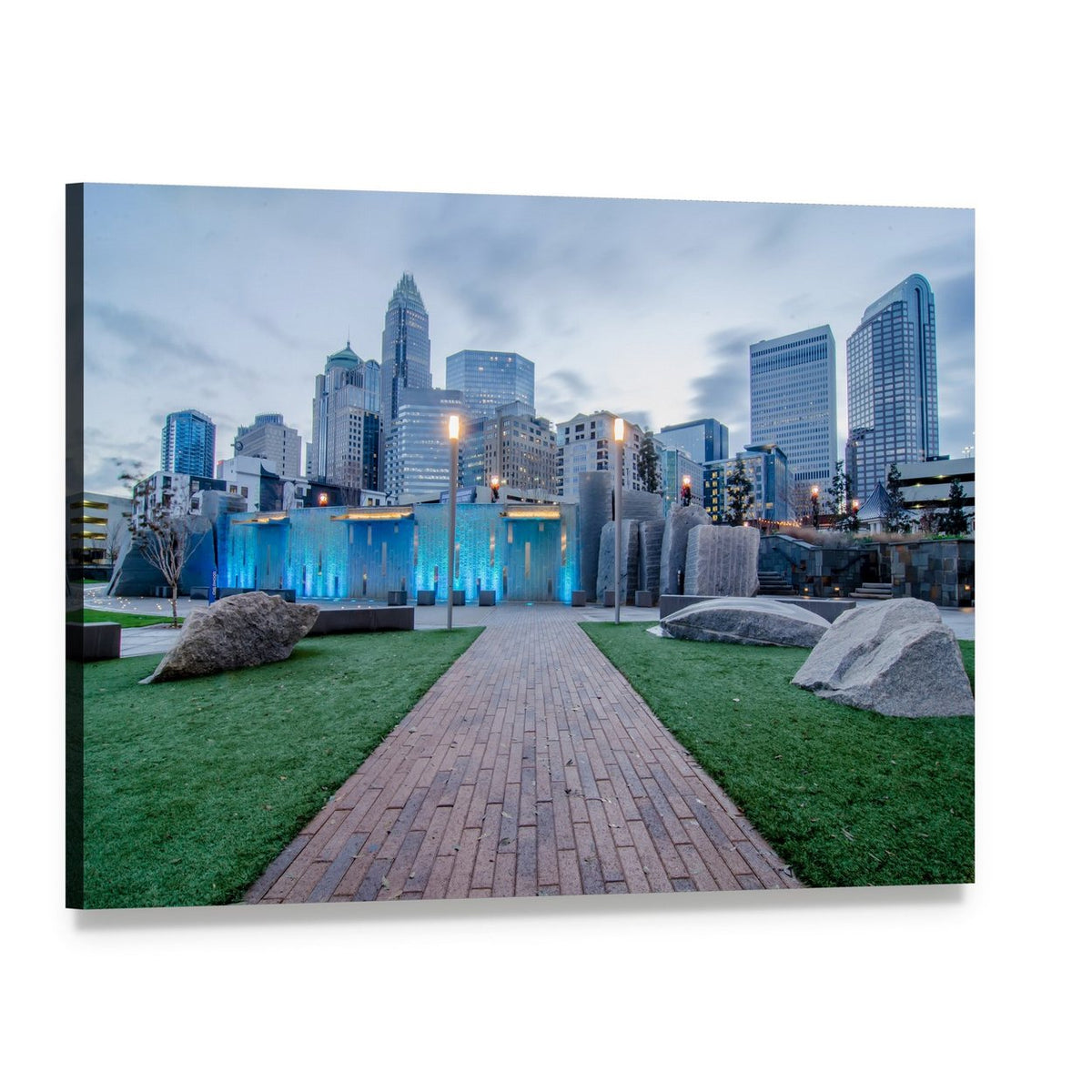Early Morning City Pathway with Skyline Canvas Wall Art, single panel gallery wrapped canvas, angled product view
