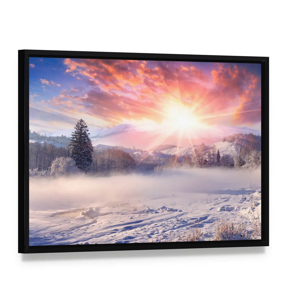 Winter Sunrise Over Snowy Mountains Canvas Wall Art, framed canvas in a black floater frame, angled product view