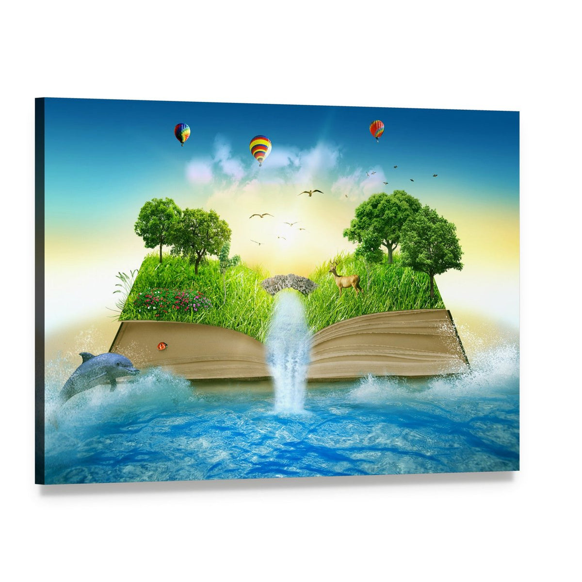 Open Book with Waterfall and Hot Air Balloons Canvas Wall Art, single panel gallery wrapped canvas, angled product view