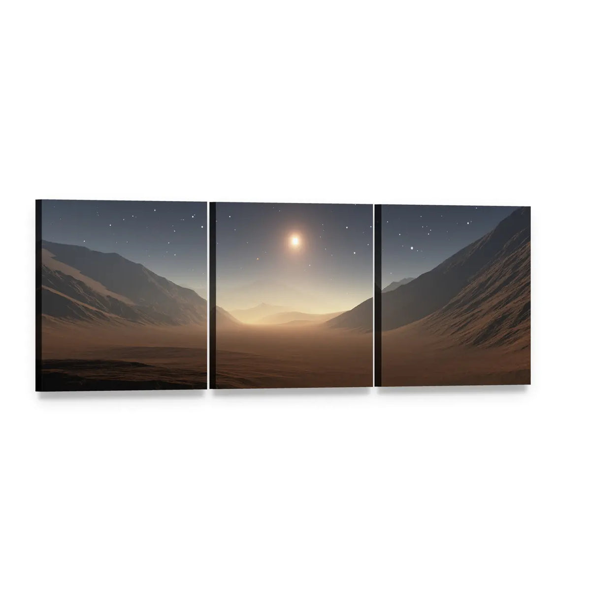Mars Sunset Over Alien Desert Panoramic Canvas Wall Art, 3 panel 3 Piece layout gallery wrapped canvas set, angled product view