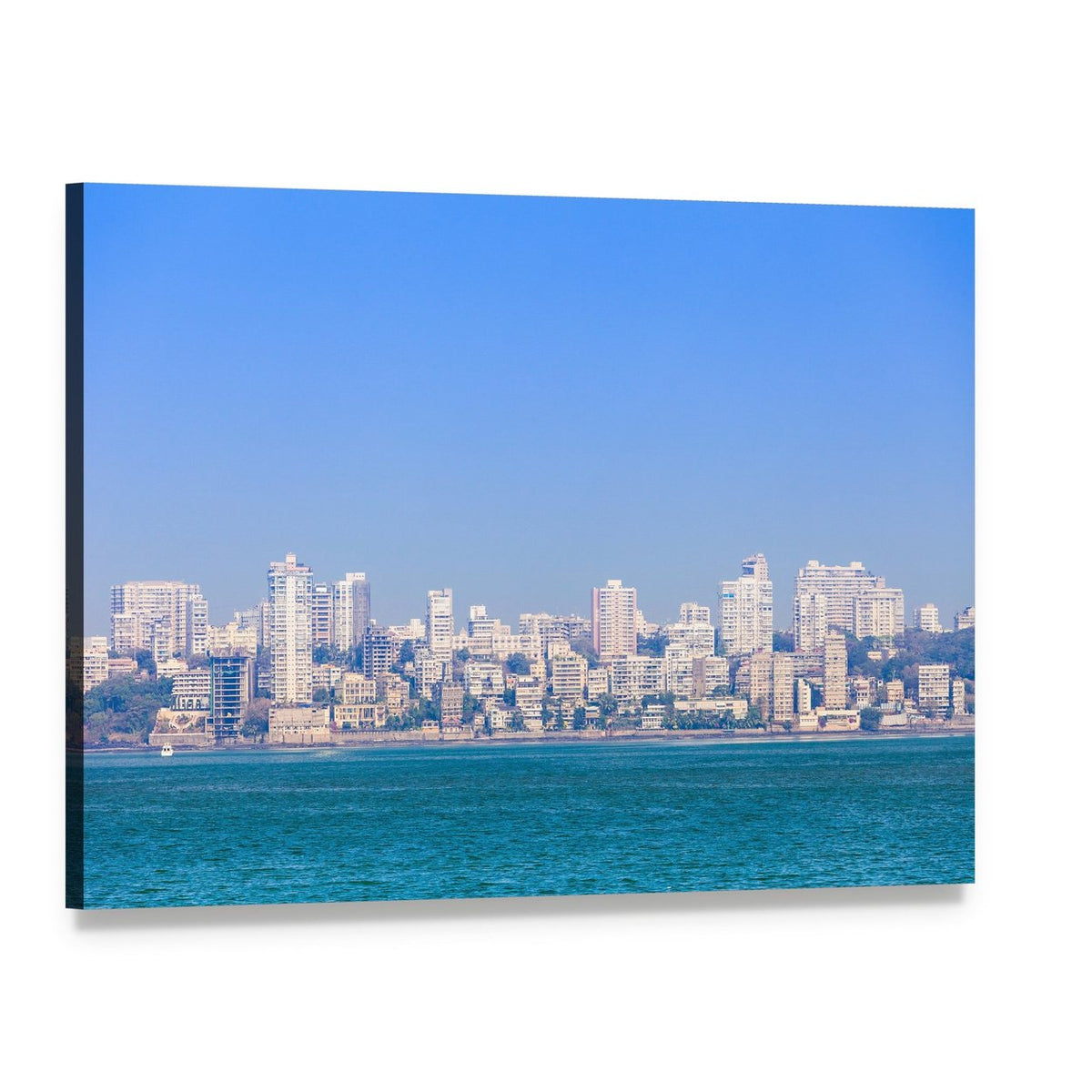Mumbai Skyline Over Turquoise Water Canvas Wall Art, single panel gallery wrapped canvas, angled product view