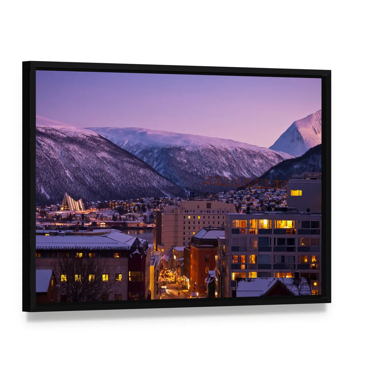 Tromso Cityscape At Dusk In Norway Canvas Wall Art, framed canvas in a black floater frame, angled product view